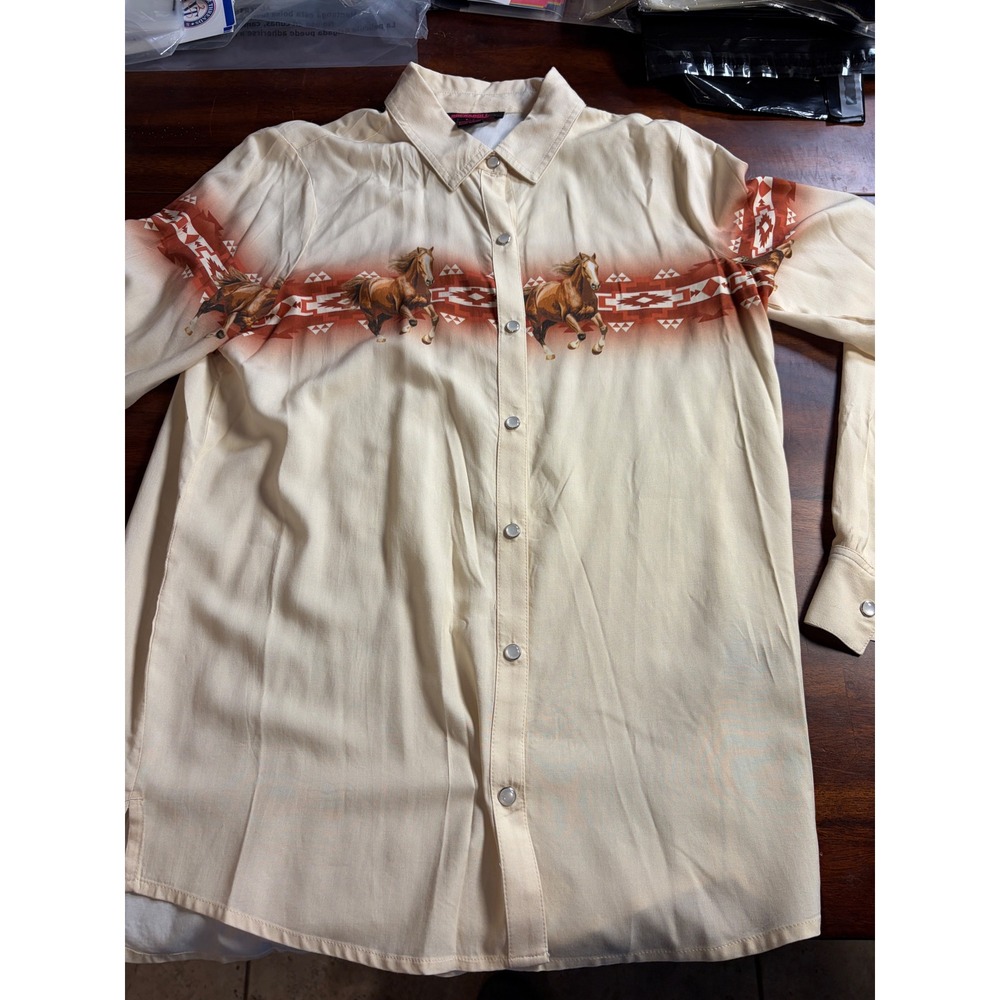 Rock and Roll Denim Womens Horse Print Western Snap Shirt Cream Medium